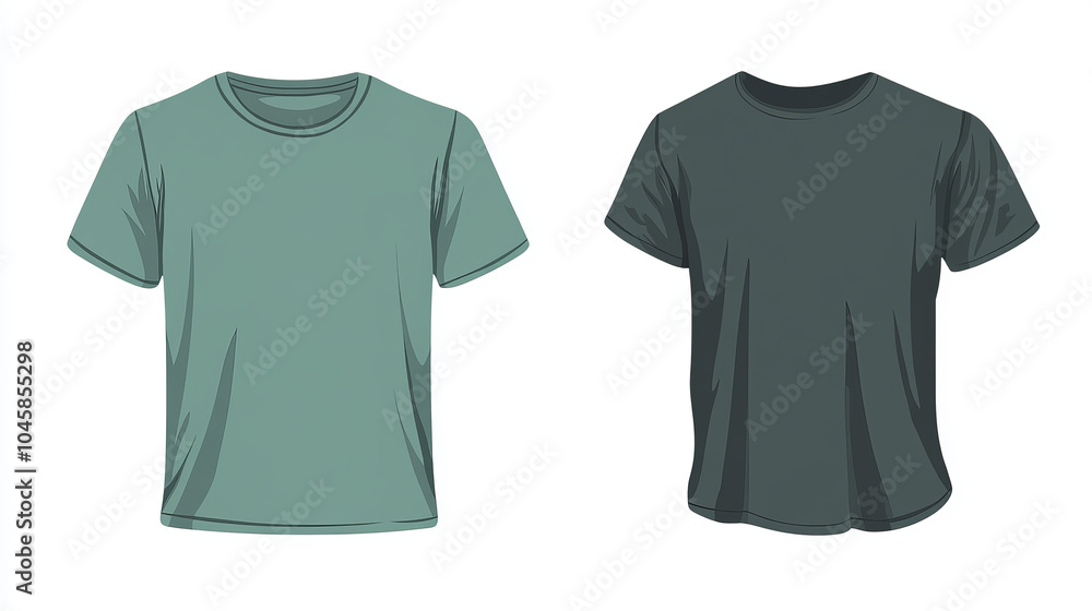 This is a design template showing two t-shirts, one dark green and one light green. You can see them from the front, back, and sides. It's perfect for showcasing your designs on a t-shirt. This is a design template showing two t-shirts, one dark green and one light green. You can see them from the front, back, and sides. It's perfect for showcasing your designs on a t-shirt.