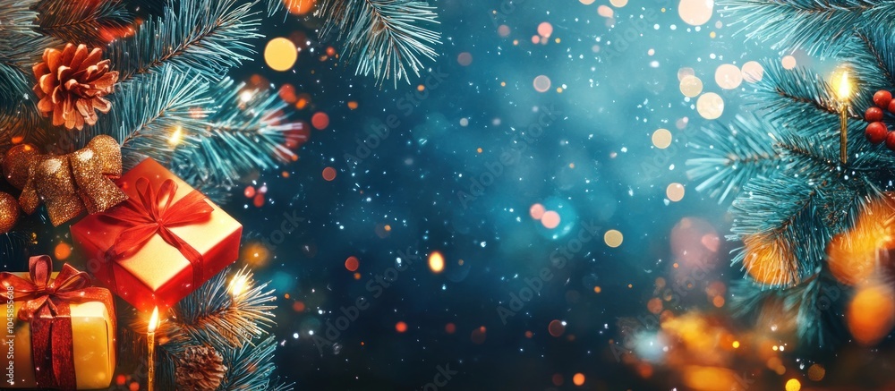 Obraz premium Festive Christmas background with pine branches, gifts, bokeh lights, and candles.