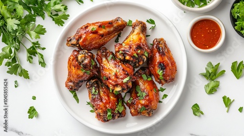 Buffalo wings with a spicy tomato sauce, placed on a white porcelain plate, surrounded by fresh herbs and dipping sauce