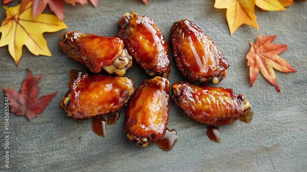 Buffalo wings with a sweet maple glaze, isolated on a gray stone surface, surrounded by maple leaves and a drizzle of syrup Buffalo wings with a sweet maple glaze, isolated on a gray stone surface, surrounded by maple leaves and a drizzle of syrup