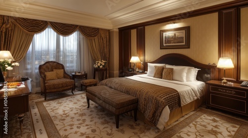 Luxurious hotel suite with king-size bed, plush armchair, and elegant decor.