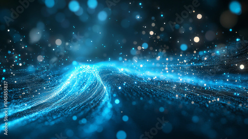 A blue line and dots show how information flows like a stream. This represents big data, technology, AI, and how information is shared and processed. photo