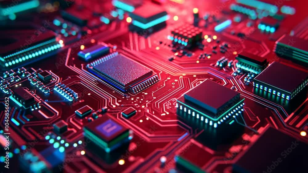 A close-up shot of a red circuit board with glowing blue lines A close-up shot of a red circuit board with glowing blue lines