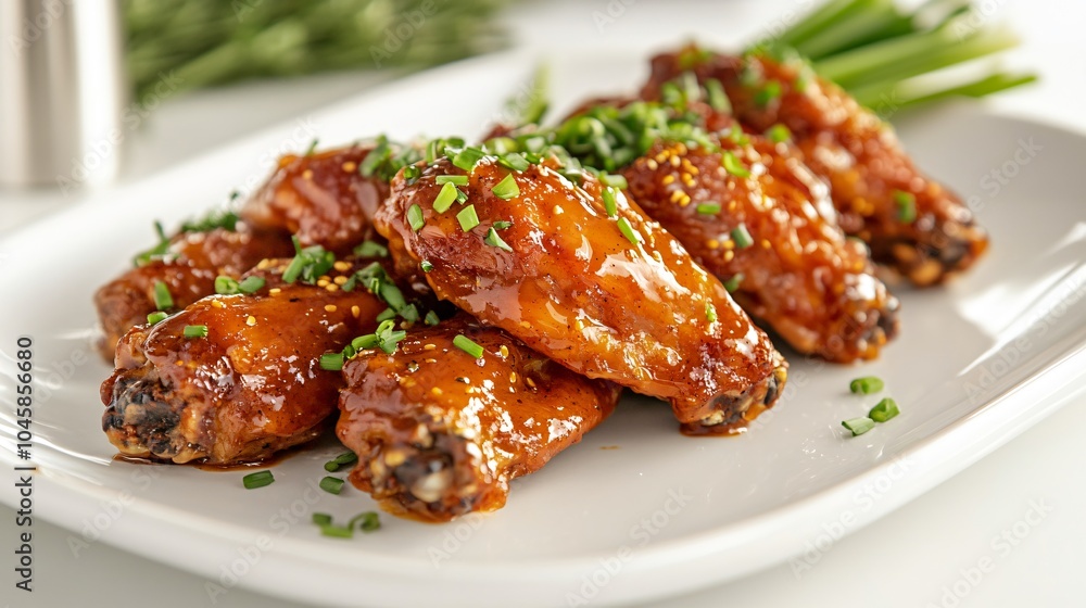 Buffalo wings with honey mustard sauce, arranged on a white porcelain plate, decorated with chopped chives and mustard seeds Buffalo wings with honey mustard sauce, arranged on a white porcelain plate, decorated with chopped chives and mustard seeds