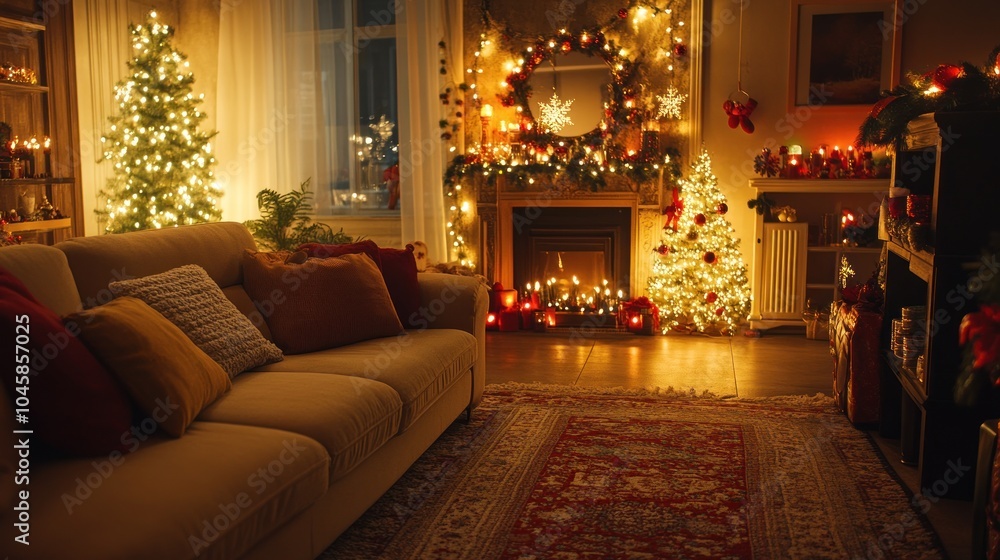 A cozy living room decorated for Christmas with a lit fireplace, Christmas trees, and presents. A cozy living room decorated for Christmas with a lit fireplace, Christmas trees, and presents.