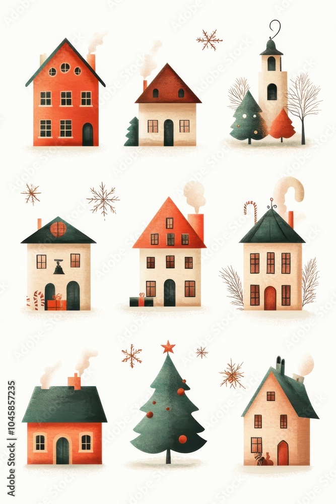 Fototapeta premium Charming Christmas village icons with festive details and seasonal decorations on cozy houses