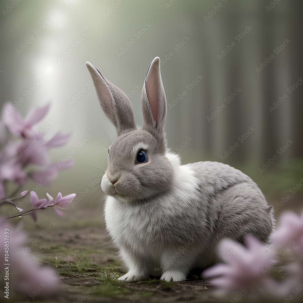 Springtime Companion: A Gray Rabbit Among Blossoms and Grass Springtime Companion: A Gray Rabbit Among Blossoms and Grass