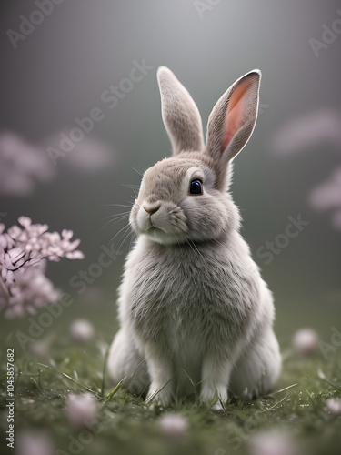 Springtime Companion: A Gray Rabbit Among Blossoms and Grass