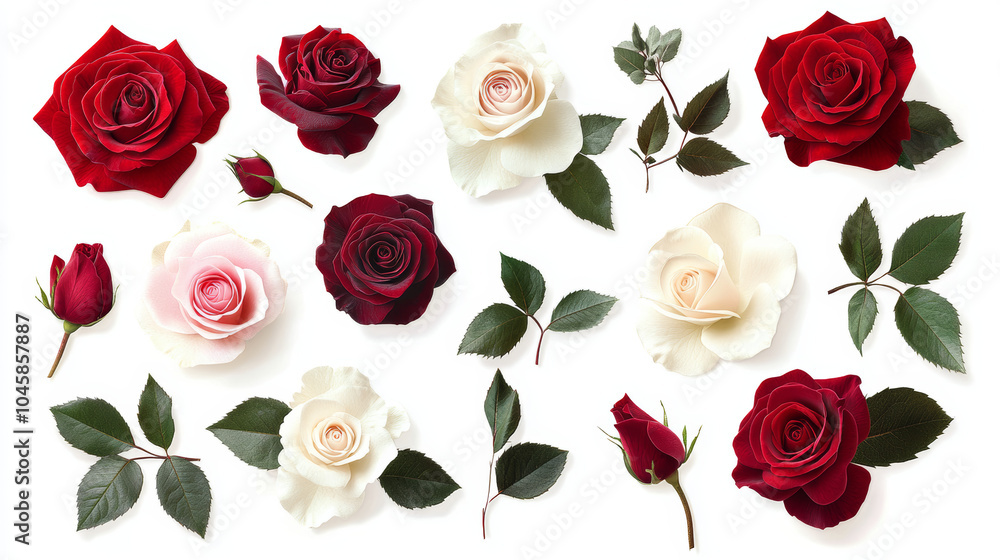 A set of red, pink, and cream roses with leaves. The roses are cut out and placed on a white background. This image can be used for graphic design or as a mockup template. A set of red, pink, and cream roses with leaves. The roses are cut out and placed on a white background. This image can be used for graphic design or as a mockup template.