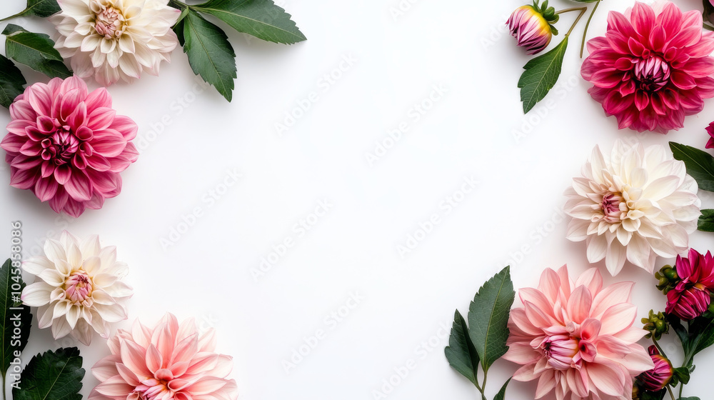 A beautiful bunch of dahlia flowers with leaves, arranged creatively against a white background. There's plenty of space around them for text or designs. A beautiful bunch of dahlia flowers with leaves, arranged creatively against a white background. There's plenty of space around them for text or designs.