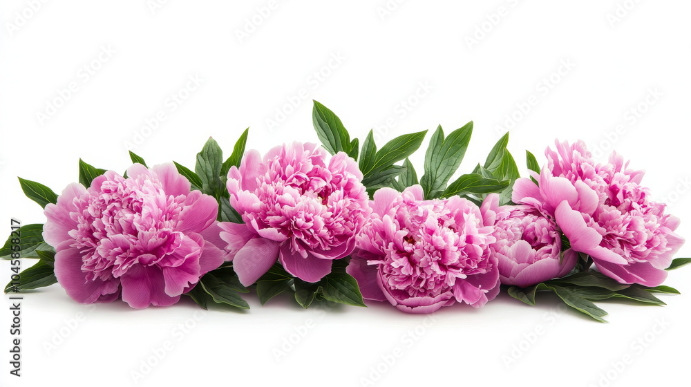 A beautiful bunch of pink peonies with leaves arranged on a white background. There's space around the flowers, perfect for adding text or images. A beautiful bunch of pink peonies with leaves arranged on a white background. There's space around the flowers, perfect for adding text or images.