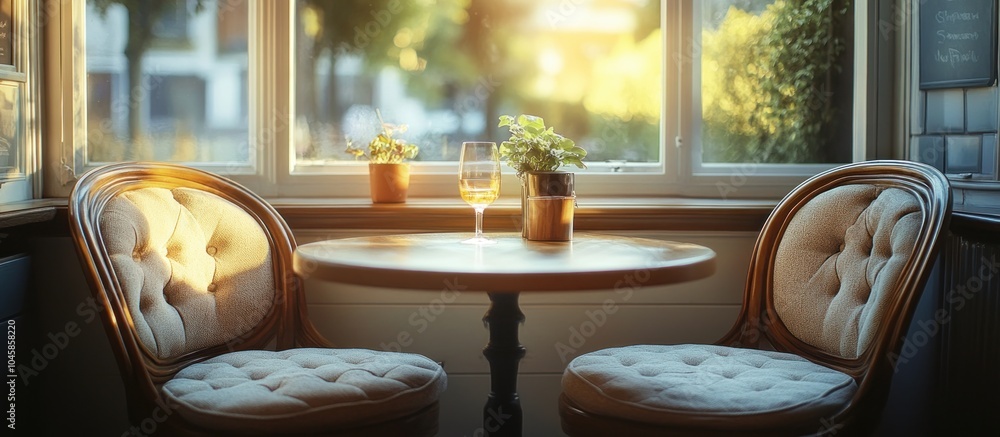A cozy corner with two chairs, a table, and a glass of wine, bathed in warm sunlight. A cozy corner with two chairs, a table, and a glass of wine, bathed in warm sunlight.