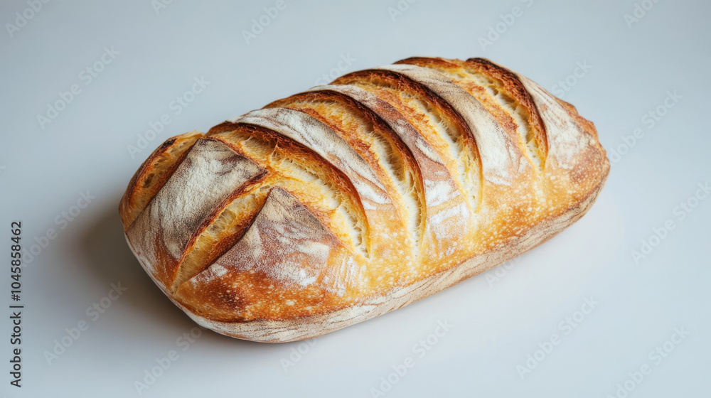 A freshly baked loaf of bread on a plain white surface. A freshly baked loaf of bread on a plain white surface.