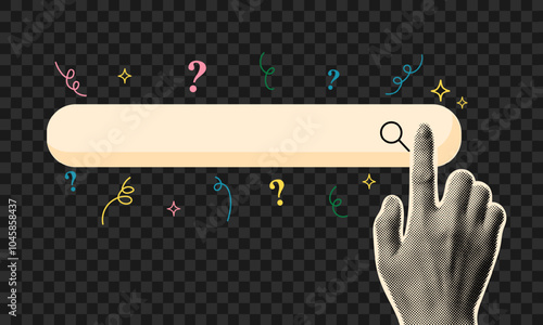 Hand drawn halftone search bar collage retro pop art style. Hand with showing finger. Modern vector illustration.