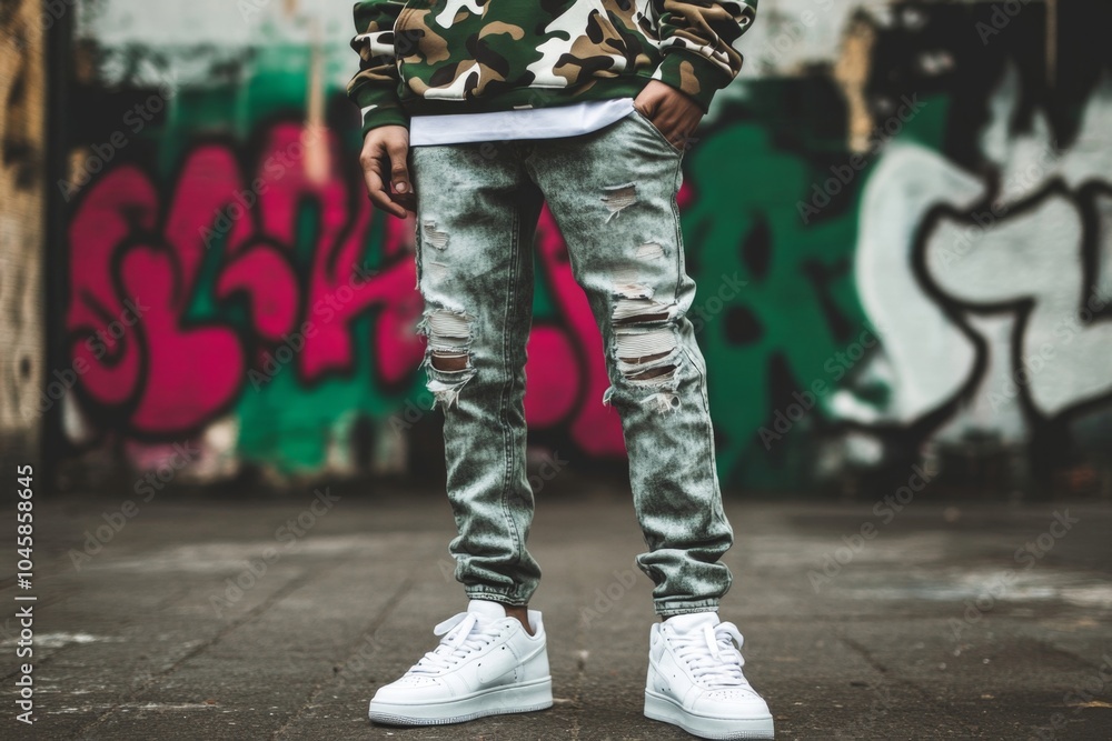 Streetwear Fashion: Trendy Urban Style with Ripped Jeans and Sneakers Streetwear Fashion: Trendy Urban Style with Ripped Jeans and Sneakers