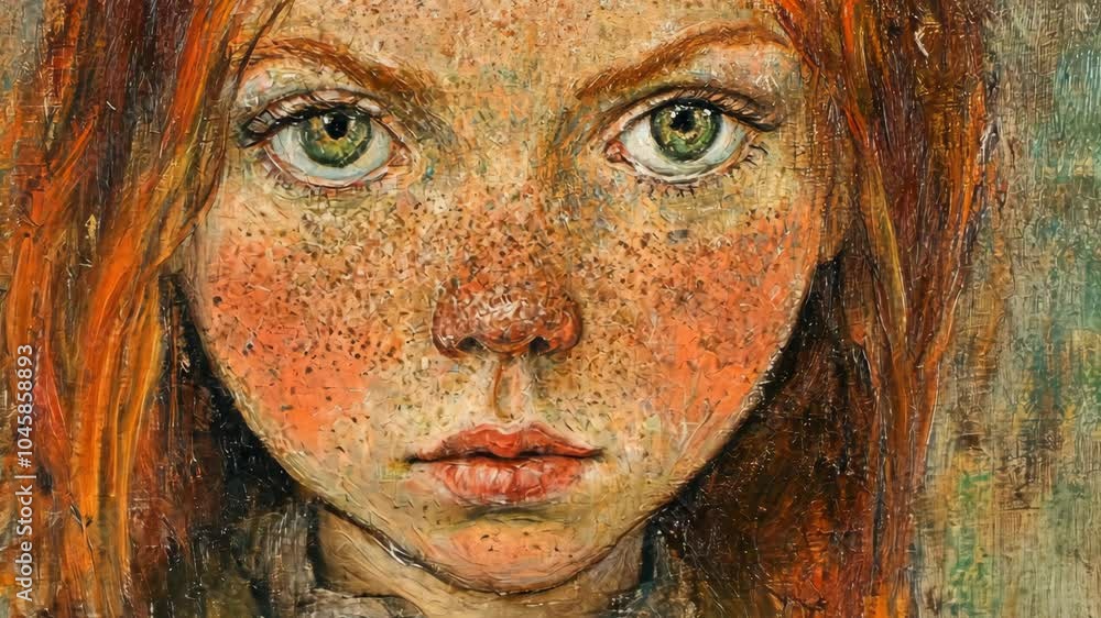 A close-up portrait of a young girl with red hair and freckles painted in oil A close-up portrait of a young girl with red hair and freckles painted in oil