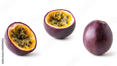 Passion fruit, shown from different angles, is isolated on a white background. This image can be used as a template for artwork or graphic design.