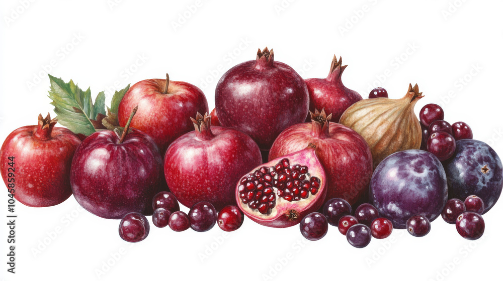 A group of red and purple fruits, like apples, cherries, cranberries, figs, plums, and pomegranates. They are ready to be used for artwork design. A group of red and purple fruits, like apples, cherries, cranberries, figs, plums, and pomegranates. They are ready to be used for artwork design.