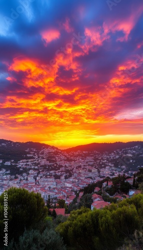 A breathtaking sunset over a picturesque town nestled in the hills.