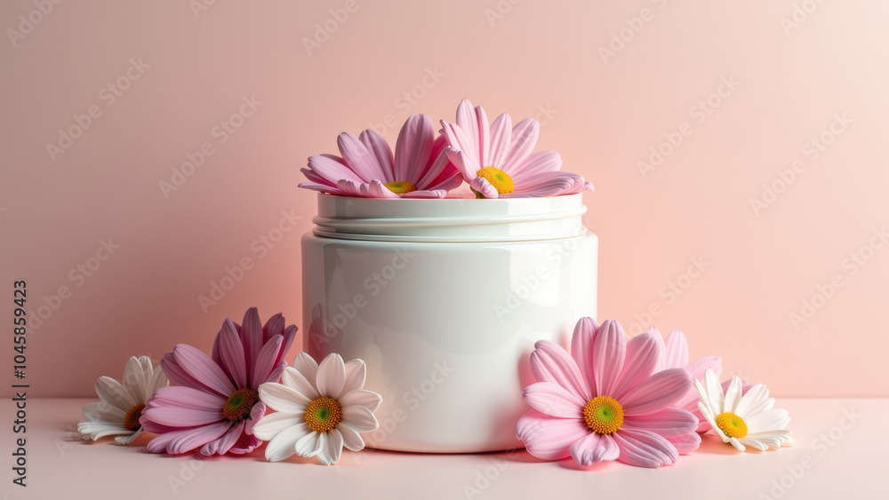 White skincare cream jar with soft pink daisies placed inside and around, perfect for natural beauty and wellness. White skincare cream jar with soft pink daisies placed inside and around, perfect for natural beauty and wellness.