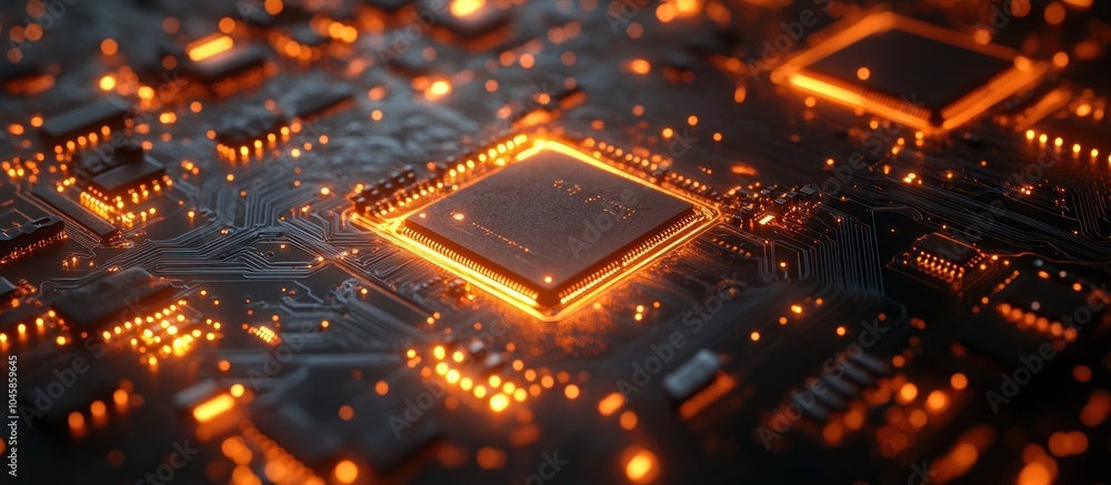 Close-up of a glowing microprocessor chip on a circuit board. Close-up of a glowing microprocessor chip on a circuit board.