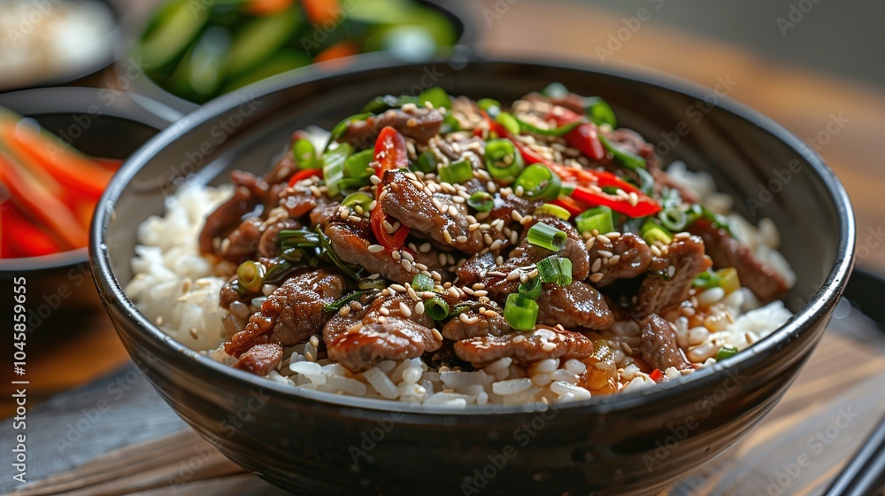 A bowl of rice topped with beef, chili peppers, sesame seeds, and green onions. A bowl of rice topped with beef, chili peppers, sesame seeds, and green onions.