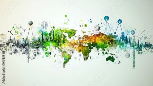 Abstract world map with green, yellow, and blue watercolor paint splashes, representing growth, finance, and globalization. photo