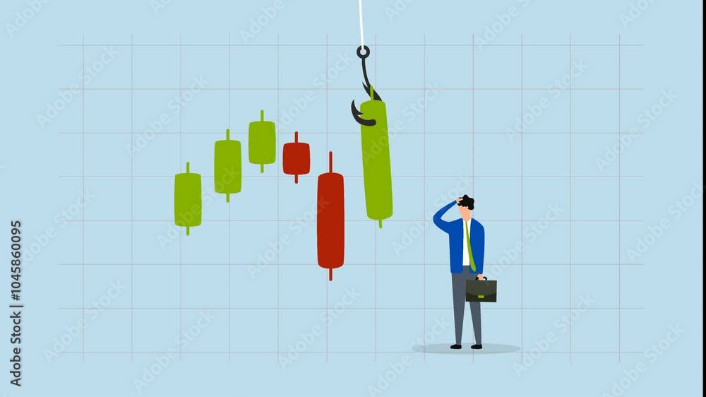 Candlestick signal to buy or sell in crypto trading, 4k animation of Businessman trader is contemplating while studying a green graph with a fishing lure. Candlestick signal to buy or sell in crypto trading, 4k animation of Businessman trader is contemplating while studying a green graph with a fishing lure.
