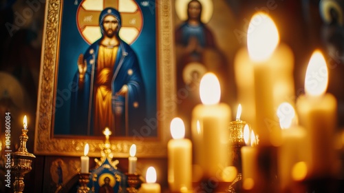 Candlelit interior of an  church with a prominent icon depicting Christ, creating a serene and spiritual atmosphere during evening worship photo