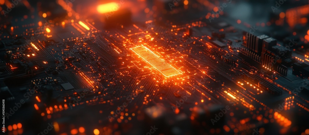 Close-up of a glowing orange circuit board with a central chip. Close-up of a glowing orange circuit board with a central chip.