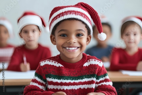 A cheerful child in a festive sweater and hat smiles in a classroom setting.