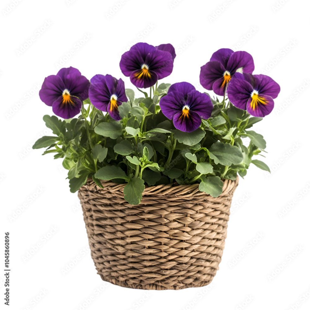 Pansy in a woven basket pot isolated on a transparent background, perfect for floral decor and gardening Pansy in a woven basket pot isolated on a transparent background, perfect for floral decor and gardening