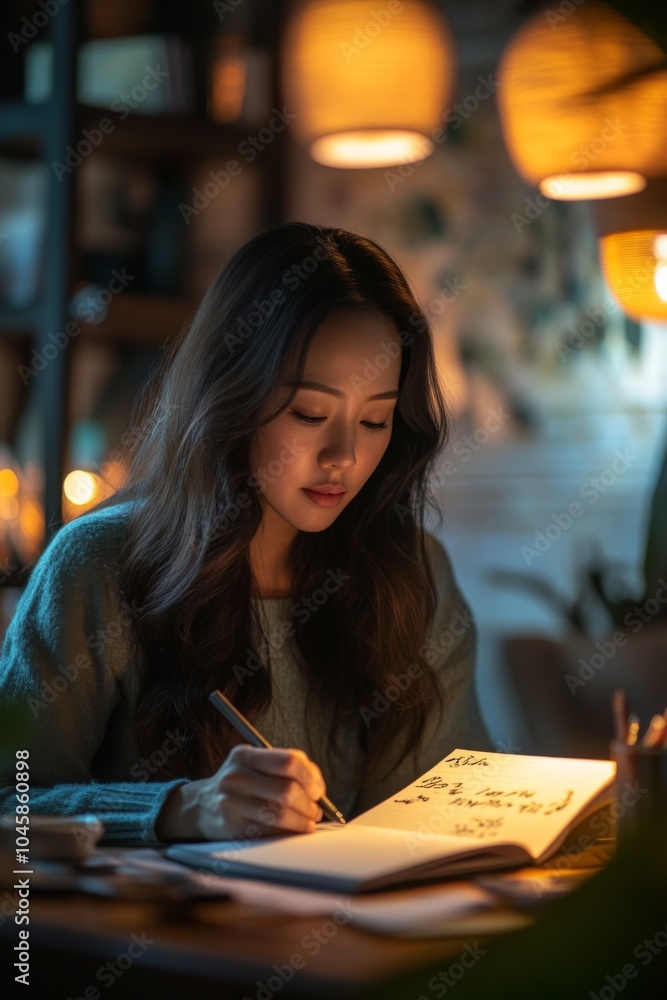 Fototapeta premium Young woman writing in a cozy notebook under warm ambient lighting, reflecting focus and creativity in a serene evening setting.