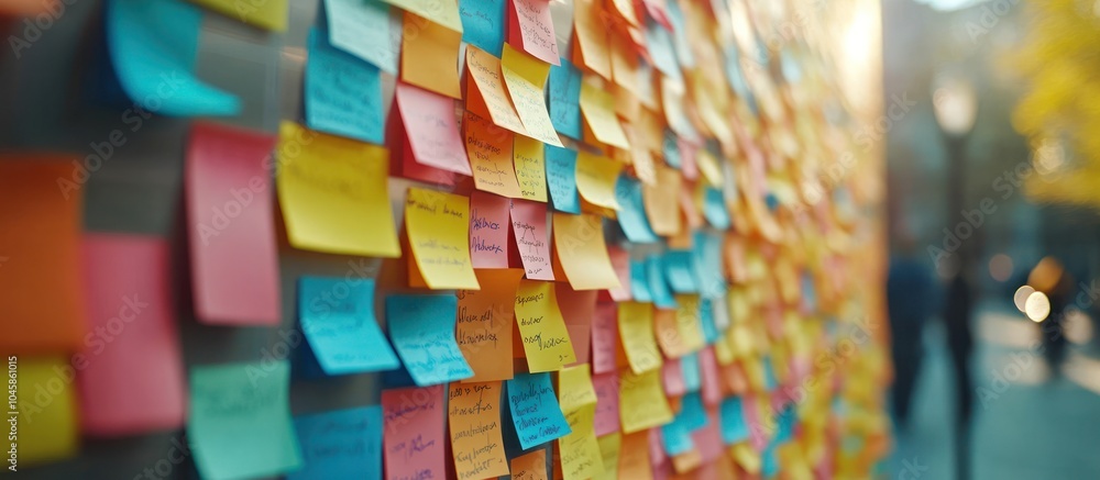 Fototapeta premium Colorful sticky notes cover a wall with handwritten messages, providing a visual representation of brainstorming and teamwork.