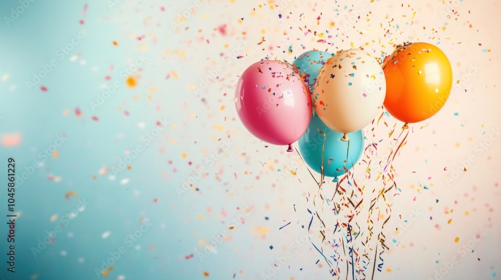 Colorful balloons with confetti in the air on a pastel background. Colorful balloons with confetti in the air on a pastel background.