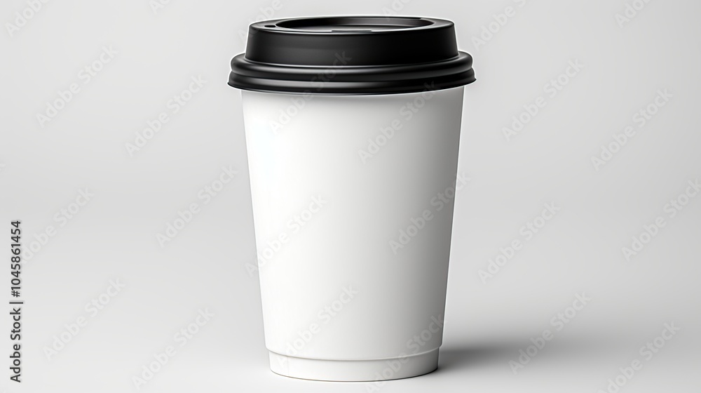 A white to-go coffee cup with a black lid. The cup is isolated on a white background and has a blank surface for branding or design. A white to-go coffee cup with a black lid. The cup is isolated on a white background and has a blank surface for branding or design.