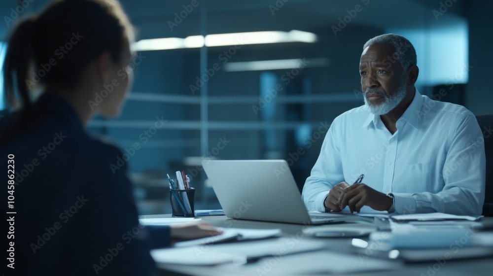 Business Meeting in Modern Office: Male Executive Consults with Female Colleague Over Laptop in a Dimly Lit Conference Room Business Meeting in Modern Office: Male Executive Consults with Female Colleague Over Laptop in a Dimly Lit Conference Room