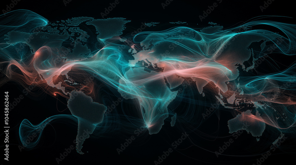 Illustration of the globe map, surrounded by lines of neural connections and digital data. Technological background on the topic of the information field Illustration of the globe map, surrounded by lines of neural connections and digital data. Technological background on the topic of the information field