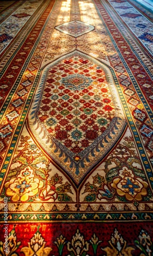 Beautifully designed prayer rug with intricate patterns and bright colors, traditional Islamic art, wallpaper background