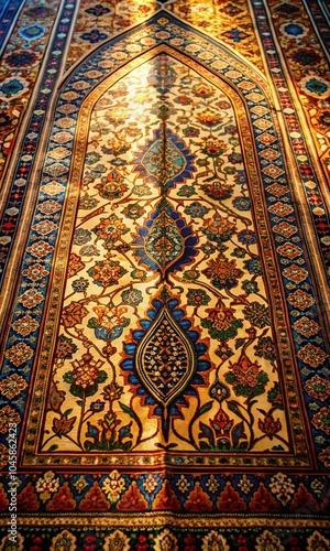 Ornate Islamic prayer mat featuring detailed floral and geometric designs, vibrant and colorful, wallpaper background