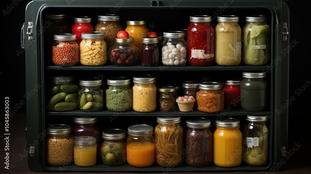 A metal cabinet filled with glass jars containing various preserved foods. A metal cabinet filled with glass jars containing various preserved foods.