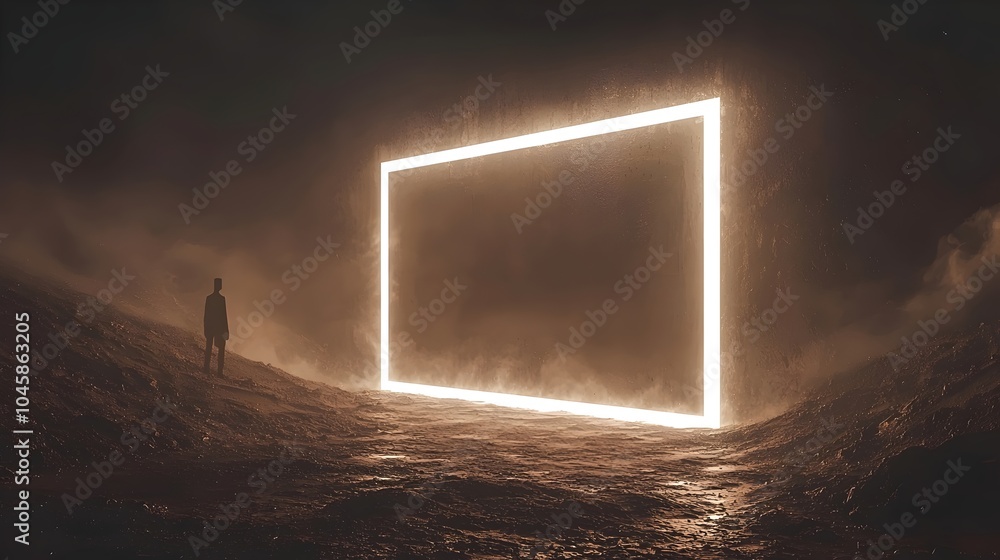 A solitary figure stands before a glowing rectangular portal in a dark, misty landscape, evoking a sense of mystery and wonder in this surreal scene. A solitary figure stands before a glowing rectangular portal in a dark, misty landscape, evoking a sense of mystery and wonder in this surreal scene.
