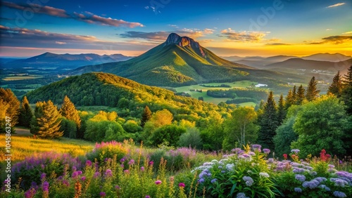 Stunning HDR View of Bromont Mountain Landscape in Quebec, Vibrant Nature Scenery, Scenic Peaks, Outdoor Adventure, photo