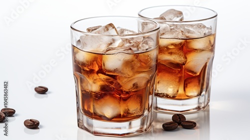 Two glasses of iced coffee with coffee beans on white background.