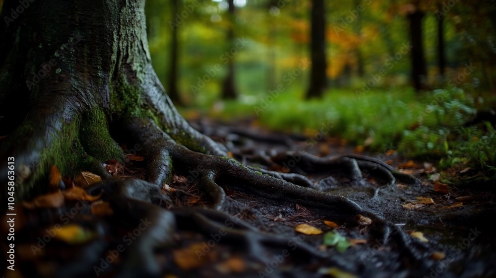 Close-up of gnarled tree roots in a damp forest. Close-up of gnarled tree roots in a damp forest.