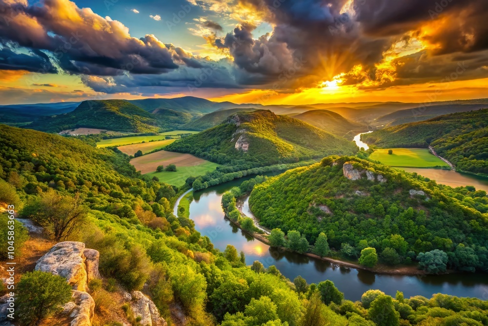Fototapeta premium Stunning Landscape of Ardèche in Provence, France - Majestic Rolling Hills and Serene River Views