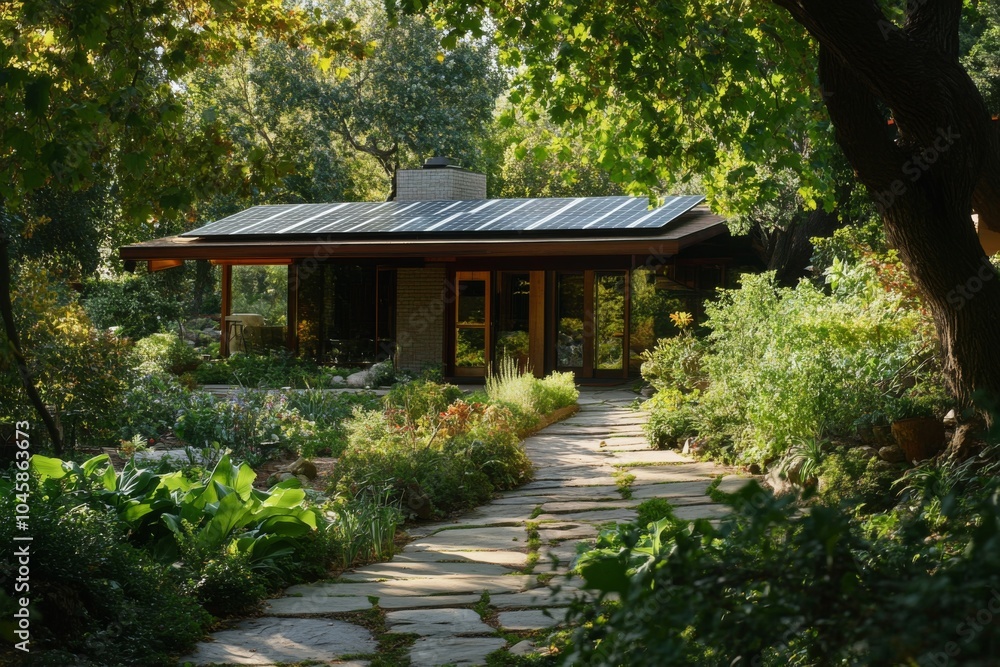 Charming Modern Home Surrounded by Lush Greenery and Gardens, Inviting Stone Pathway Leading to Eco-Friendly Architecture Amidst Nature Charming Modern Home Surrounded by Lush Greenery and Gardens, Inviting Stone Pathway Leading to Eco-Friendly Architecture Amidst Nature