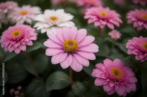 Pink and white flowers elegantly arranged with fresh green leaves, creating a harmonious and colorful natural scene. Generative AI