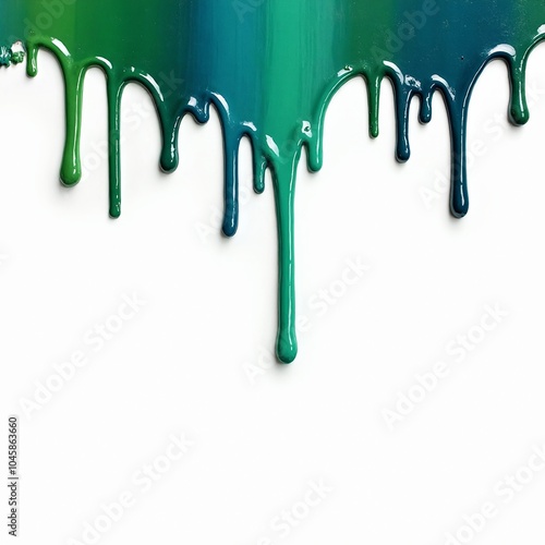 Abstract paint drips in green and blue on white background