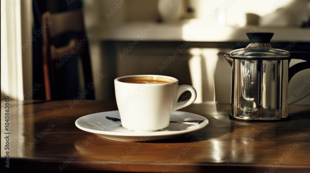 Obraz premium A tranquil scene of a steaming coffee cup sits on a wooden table alongside a sleek French press, illuminated by soft morning sunlight through the window.